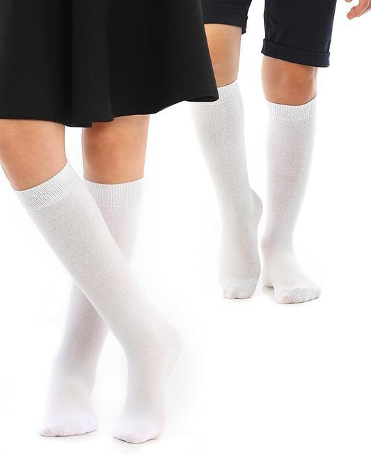 12X Knee High School Socks For Girls Boys Plain Cotton Rich In White