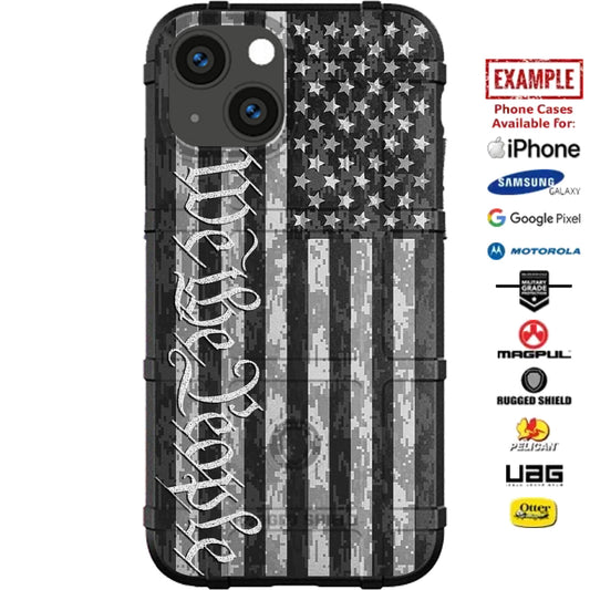 Subdued US American Flag on Digital Camouflage, We the People Constitution Custom Printed Case Design for Apple, Samsung, Google & Motorola Phone Models