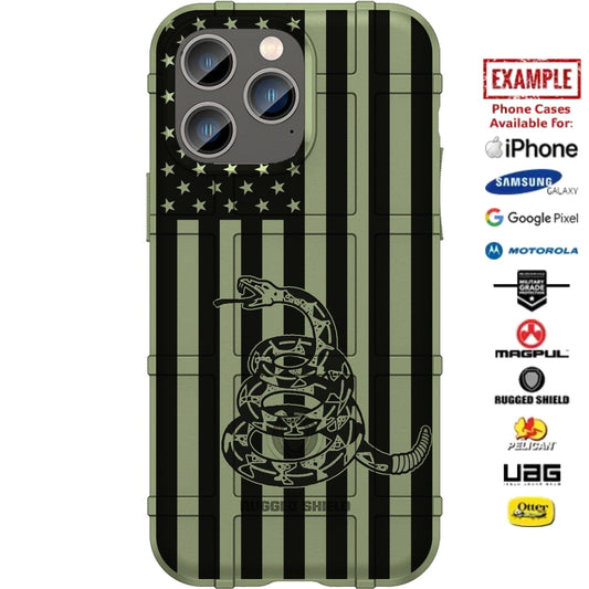 Subdued Reversed Assaulting Forward Black Printed US American Flag Gadsden Snake Custom Printed Case Design for Apple, Samsung, Google & Motorola Phone Models