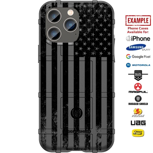 Tattered Subdued Black Printed US American Flag Custom Printed Case Design for Apple, Samsung, Google & Motorola Phone Models