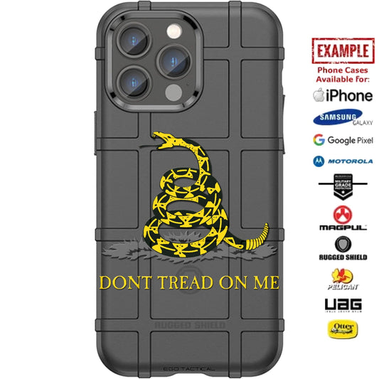 Yellow Don't Tread on Me Gadsden Snake on Black Custom Printed Case Design for Apple, Samsung, Google & Motorola Phone Models