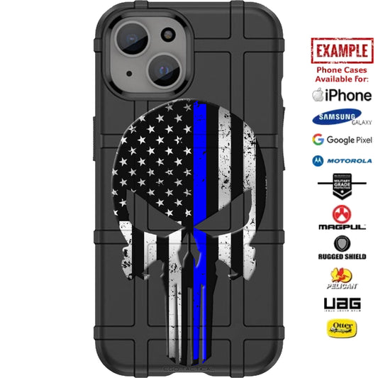 Subdued American Flag Punisher, Thin Blue Line Custom Printed Case Design for Apple, Samsung, Google & Motorola Phone Models