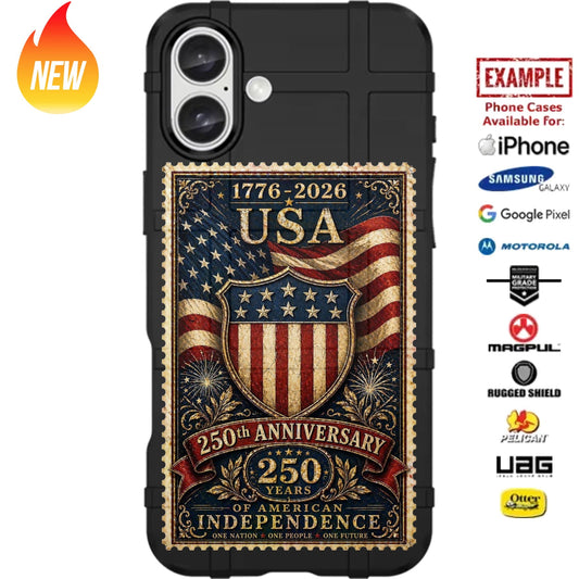 USA250 Stamp, USA's 250th Semiquincentennial Anniversary Custom Printed Case Design for Apple, Samsung, Google & Motorola Phone Models