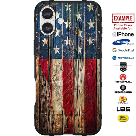 USA Flag on Aged Barn Wood Shiplap Planks Custom Printed Case Design for Apple, Samsung, Google & Motorola Phone Models