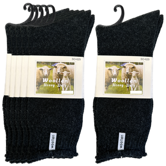 12 Pairs Black Premium Mens Wool Socks Bulk Pack - Heavy Duty Thick Work Socks w/ Cushion