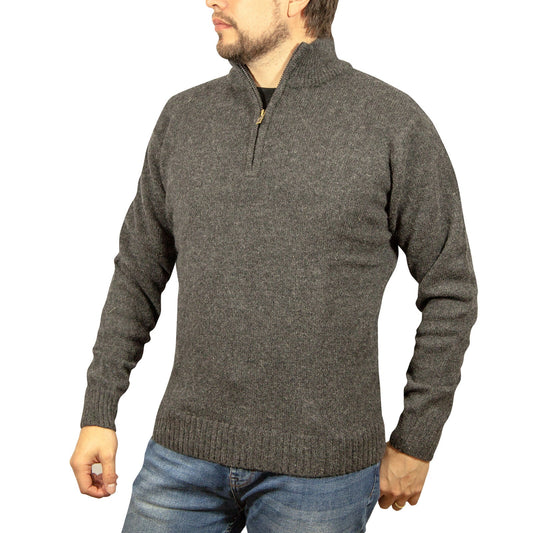 100 Shetland Ragg Wool Half Zip Up Knit Jumper Pullover Mens Sweater Knitted Charcoal
