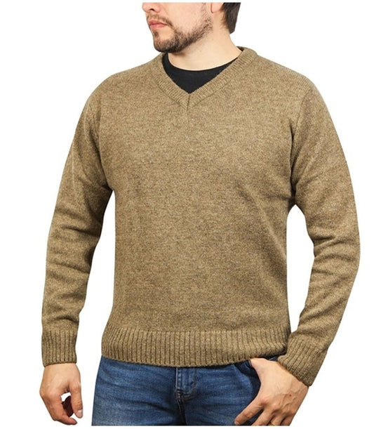 100 Shetland Ragg Wool V Neck Knit Jumper Pullover Mens Sweater Knitted Nutmeg