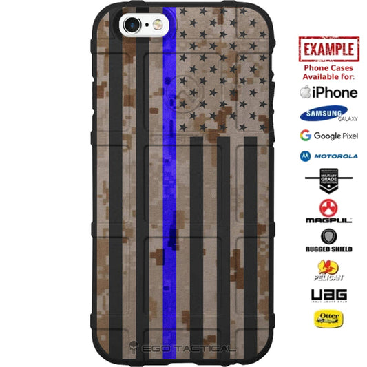 US American Flag Desert Digi Camo Thin Blue Line Police Custom Printed Case Design for Apple, Samsung, Google & Motorola Phone Models