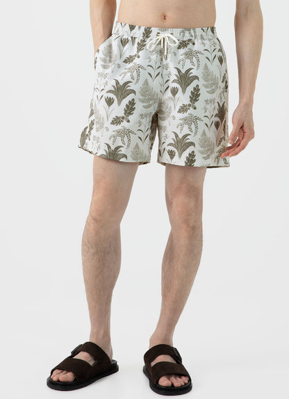 Mens Leaf Print Swim Short In Ecru Ksmshr3705P Whhg
