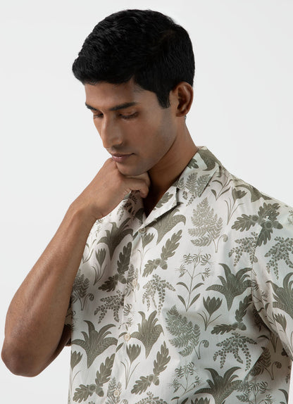 Mens Leaf Print Camp Collar Shirt In Ecru Ksmsht2009P Whhg