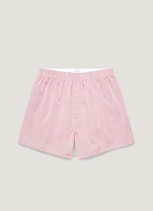 Mens Poplin Cotton Boxer Short In White Red Micro Gingham
