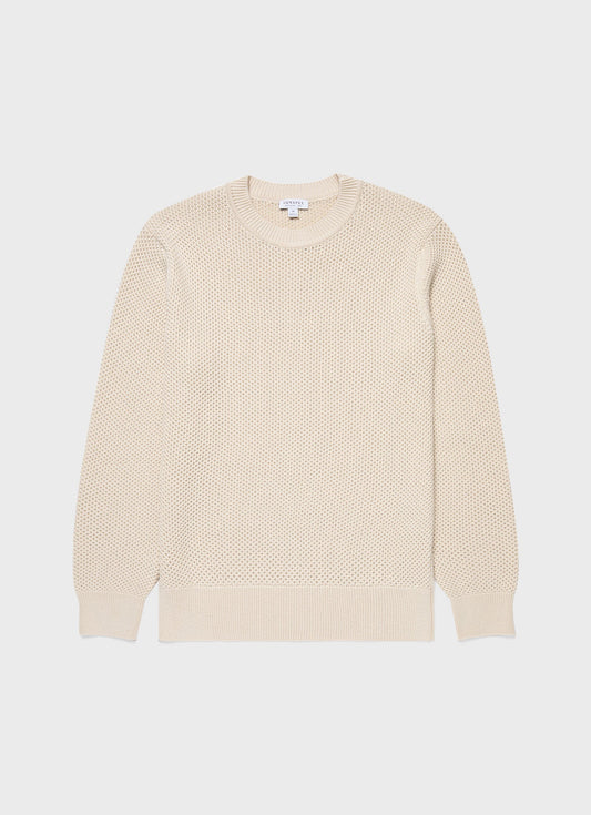 Mens Honeycomb Cotton Crew Neck Jumper In Ecru Mjum8207 Whcr