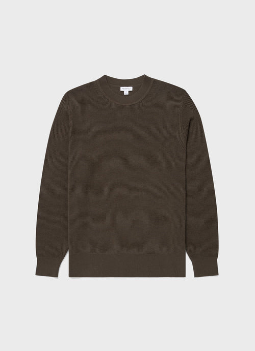 Mens Waffle Stitch Crew Neck Jumper In Khaki Mjum8231 Gngy