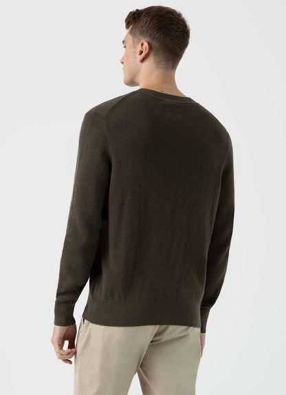 Mens Waffle Stitch Crew Neck Jumper In Khaki Mjum8231 Gngy