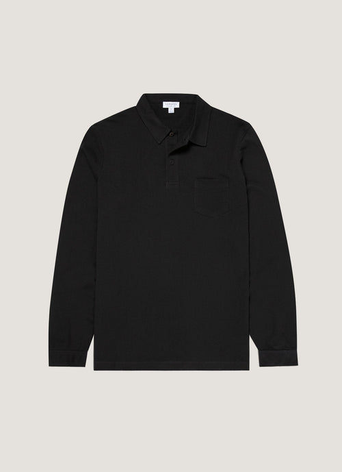 Mens Cotton Riviera Long Sleeve Polo Shirt In Black