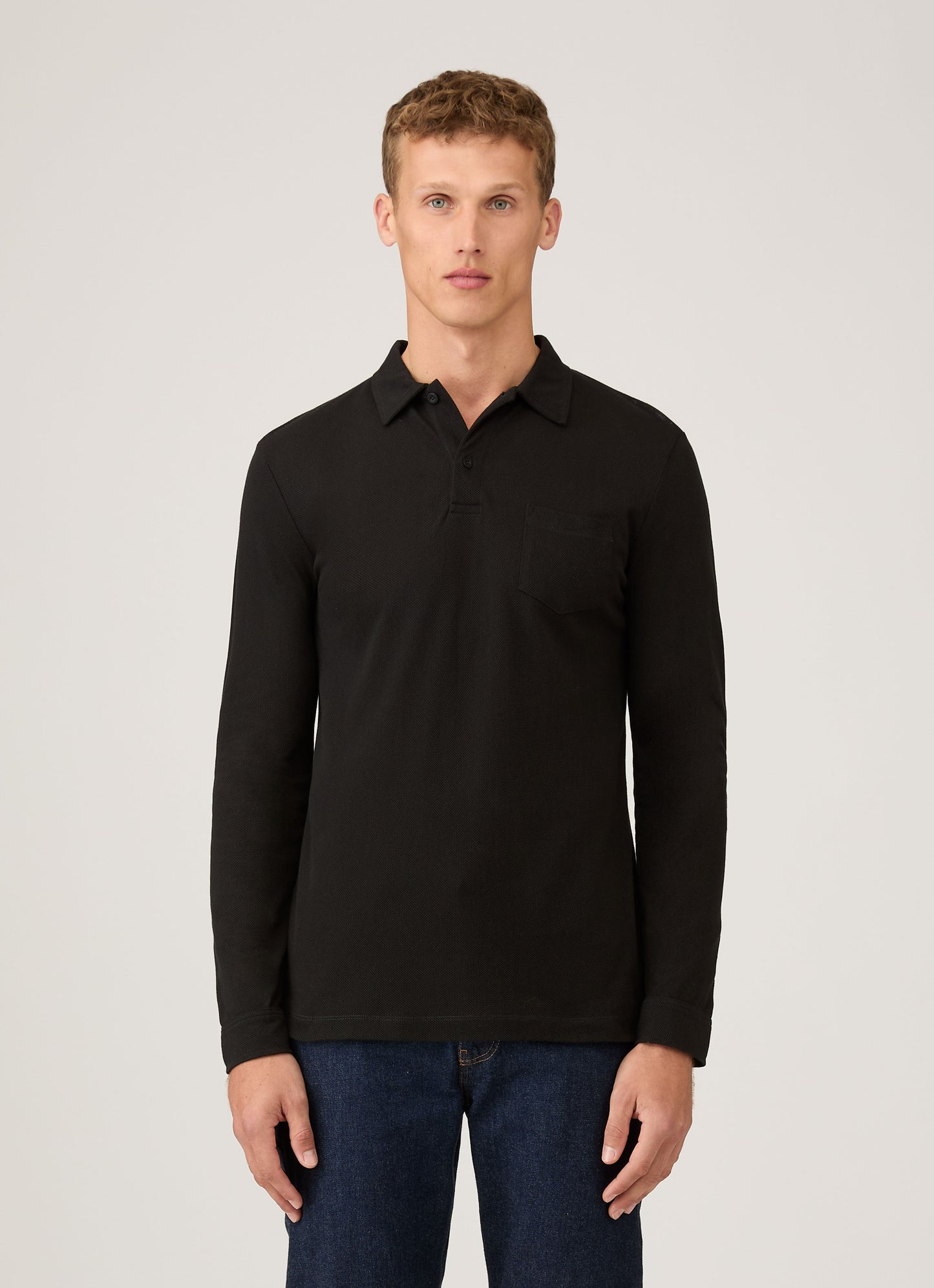 Mens Cotton Riviera Long Sleeve Polo Shirt In Black