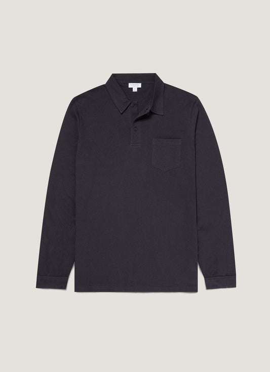 Mens Cotton Riviera Long Sleeve Polo Shirt In Navy