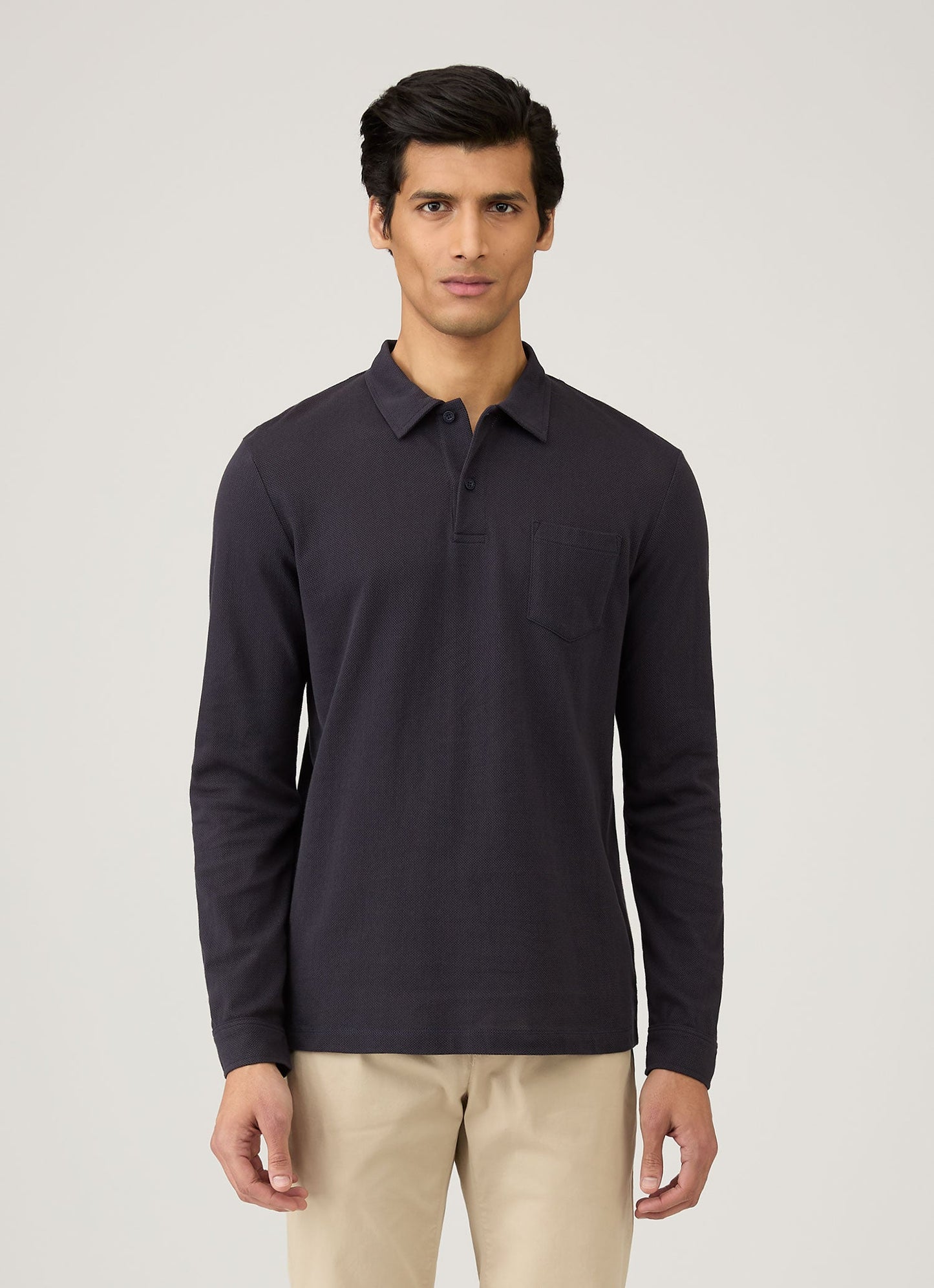 Mens Cotton Riviera Long Sleeve Polo Shirt In Navy