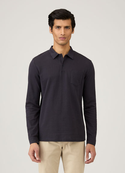 Mens Cotton Riviera Long Sleeve Polo Shirt In Navy