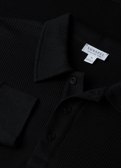Mens Long Sleeve Waffle Polo Shirt In Black Mpol1067 Bkaa