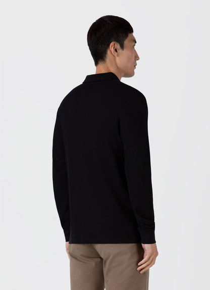 Mens Long Sleeve Waffle Polo Shirt In Black Mpol1067 Bkaa