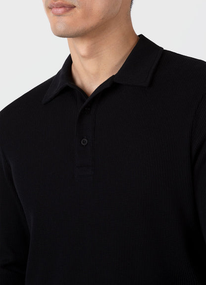 Mens Long Sleeve Waffle Polo Shirt In Black Mpol1067 Bkaa