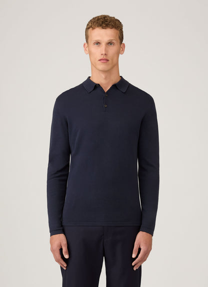 Mens Sea Island Cotton Knit Long Sleeve Polo In Light Navy