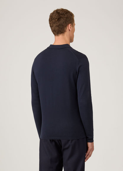 Mens Sea Island Cotton Knit Long Sleeve Polo In Light Navy