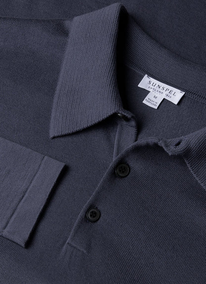 Mens Long Sleeve Sea Island Cotton Polo Shirt In Slate Blue Mpol8047 Buua