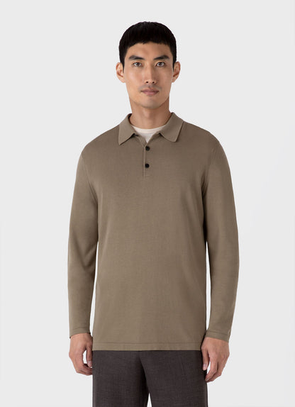Mens Long Sleeve Sea Island Cotton Polo Shirt In Dark Stone Mpol8047 Whdc