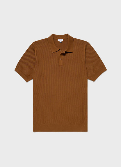 Mens Linear Mesh Knit Polo Shirt In Golden Brown Mpol8276 Brfo