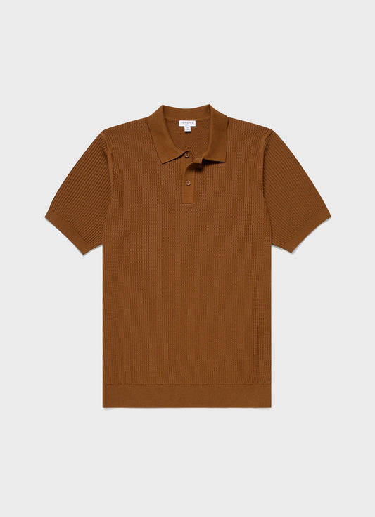 Mens Linear Mesh Knit Polo Shirt In Golden Brown Mpol8276 Brfo