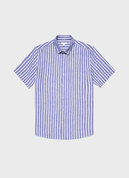 Mens Short Sleeve Linen Shirt In Navy White Msht2039 Stmo