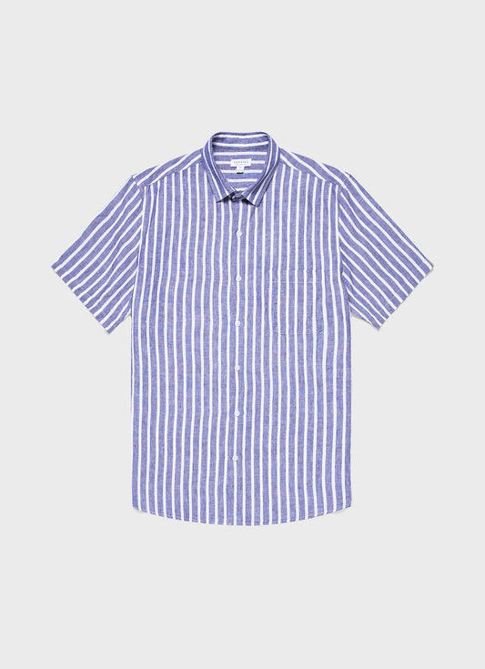 Mens Short Sleeve Linen Shirt In Navy White Msht2039 Stmo