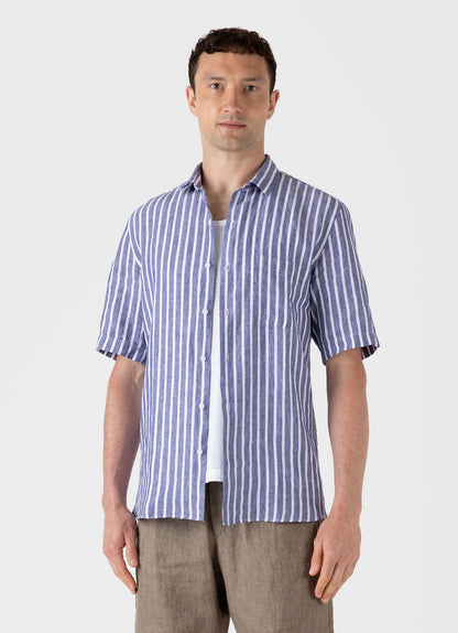 Mens Short Sleeve Linen Shirt In Navy White Msht2039 Stmo