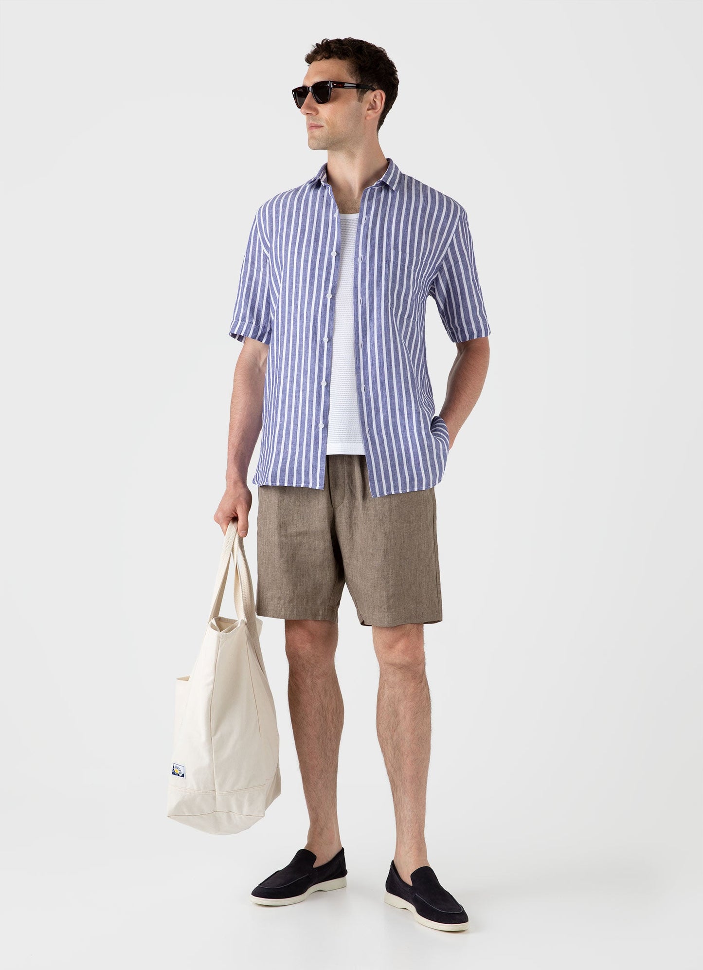 Mens Short Sleeve Linen Shirt In Navy White Msht2039 Stmo