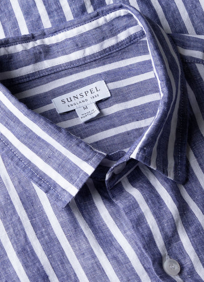 Mens Short Sleeve Linen Shirt In Navy White Msht2039 Stmo