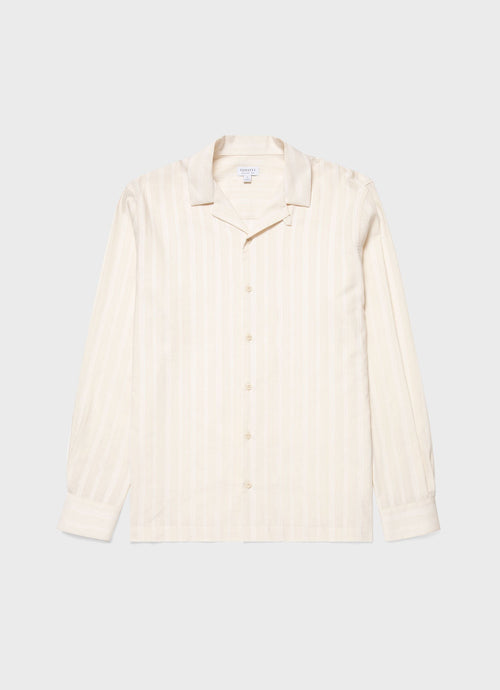 Men's Embroidered Stripe Long Sleeve Shirt in Ecru
