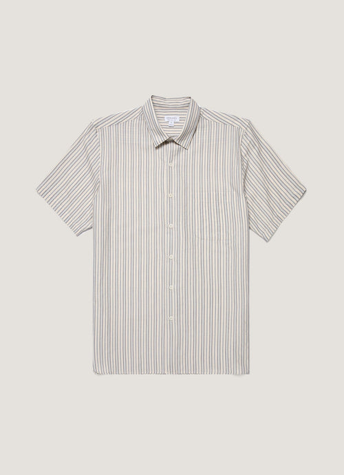 Mens Short Sleeve Vintage Stripe Shirt In Soft Denim Ecru Msht2111 Stnj