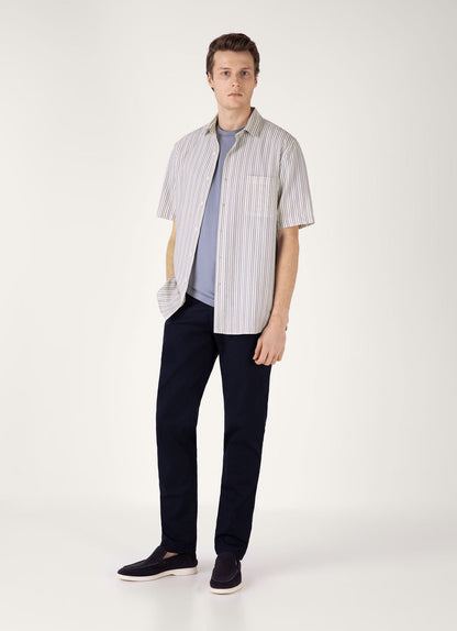 Mens Short Sleeve Vintage Stripe Shirt In Soft Denim Ecru Msht2111 Stnj