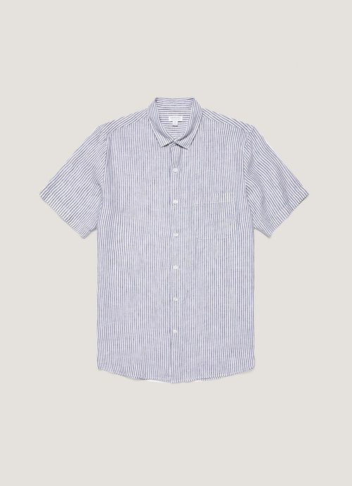 Italian Linen Short Sleeve Shirt In Navy White Linen Stripe