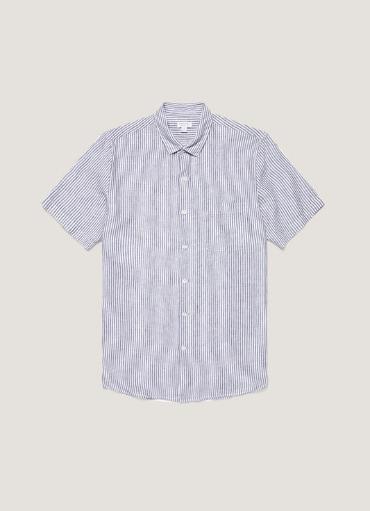 Italian Linen Short Sleeve Shirt In Navy White Linen Stripe