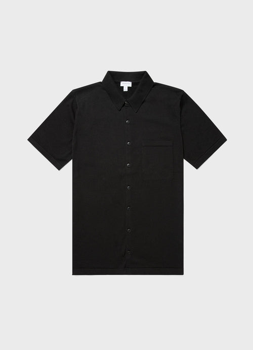 Mens Sea Island Cotton Knit Short Sleeve Shirt In Black