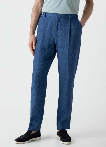 Mens Pleated Linen Trouser In Blue Melange Mtrs3049 Buht