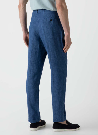 Mens Pleated Linen Trouser In Blue Melange Mtrs3049 Buht