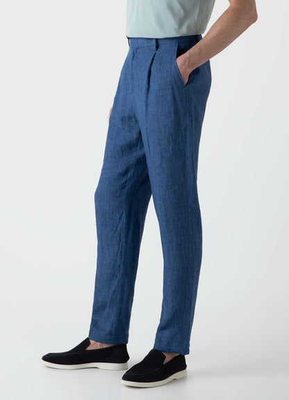 Mens Pleated Linen Trouser In Blue Melange Mtrs3049 Buht