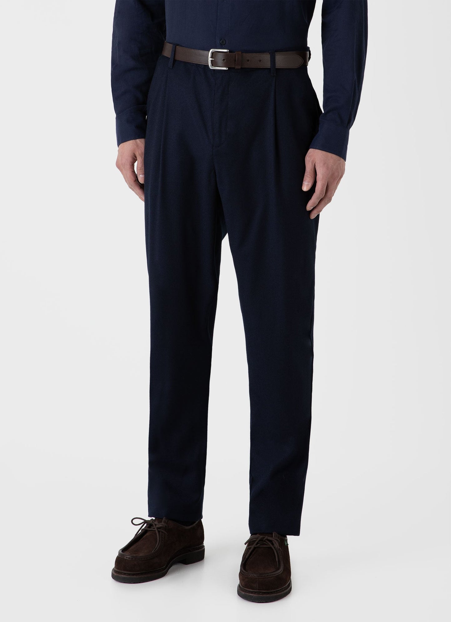 Mens Pleated Wool Flannel Trouser In Navy Melange Mtrs3076 Buag