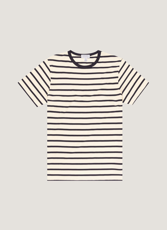 Mens Cotton Classic Breton Stripe Tshirt Ecru Navy Mtsh0001Brs