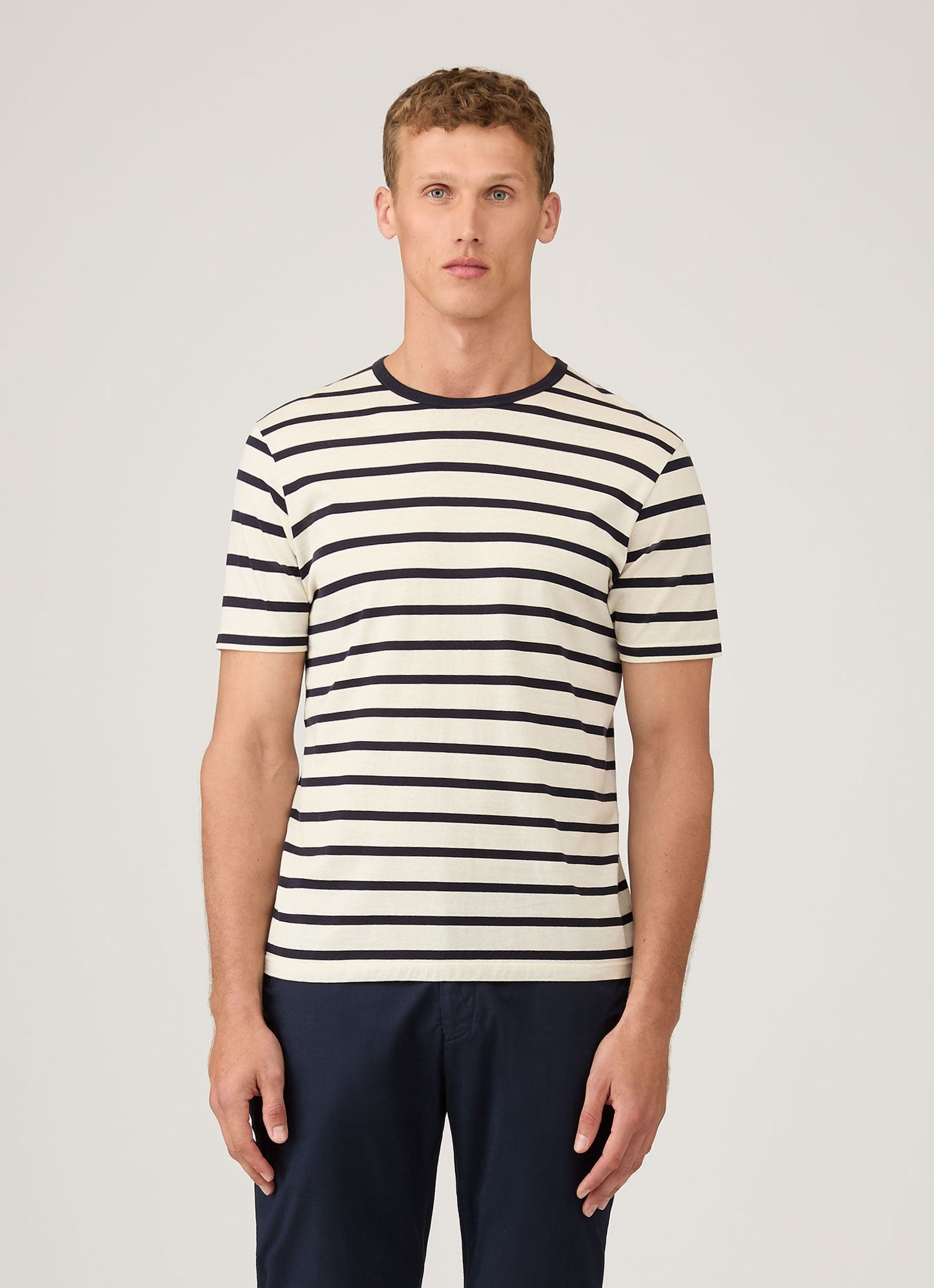 Mens Cotton Classic Breton Stripe Tshirt Ecru Navy Mtsh0001Brs