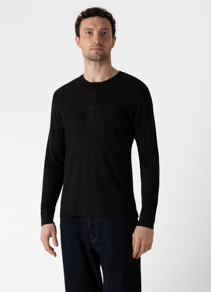 Mens Long Sleeve Waffle Henley In Black Mtsh0162 Bkaa